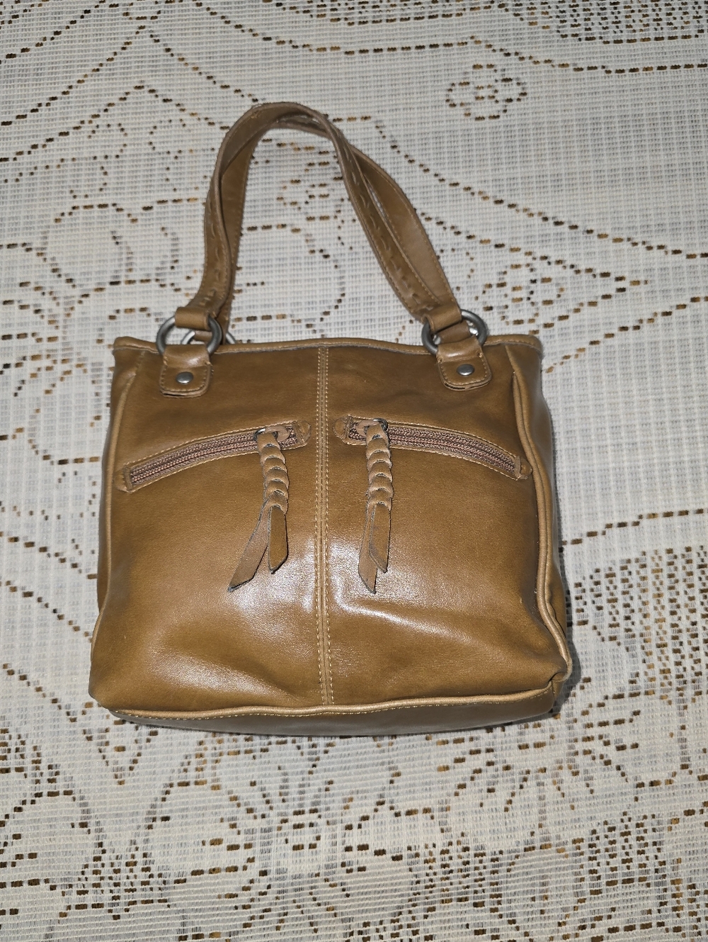 Women's Tan Leather Mini Tote Bag with Front Zippers